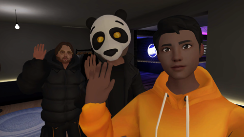 Three virtual characters with their hands up, one has their face covered with a Panda face