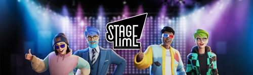 Four virtual characters in colourful clothing and Stagetime written in the middle of them